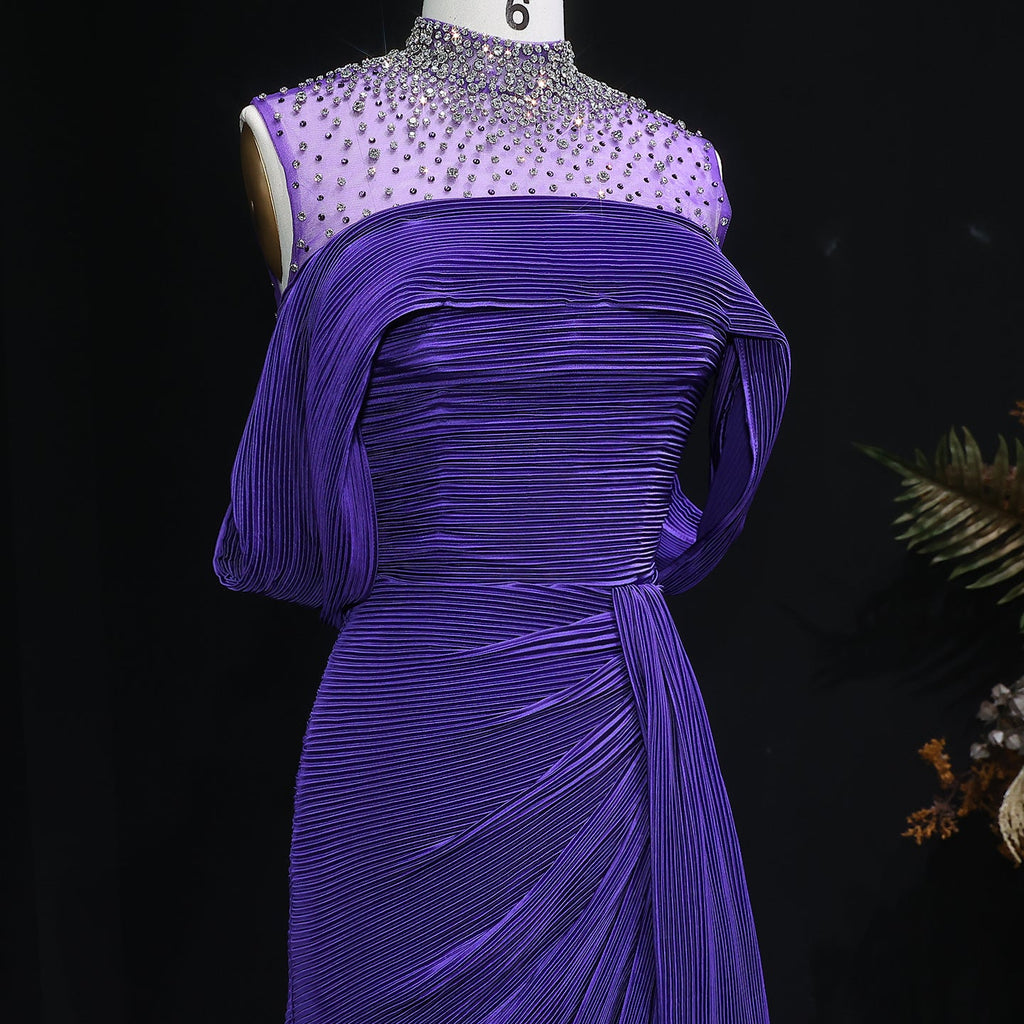 Luxury Purple Off-Shoulder Crystal Pleated Evening Dress with Overskirt SF407