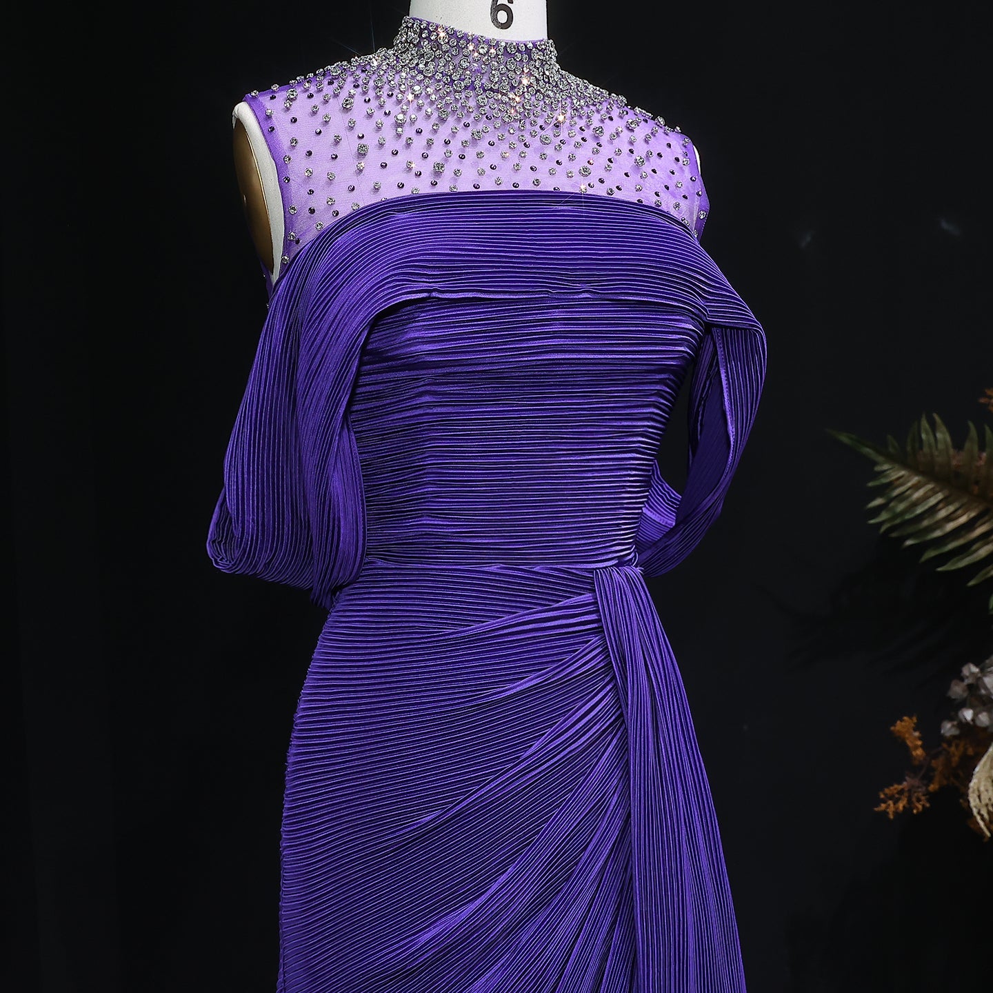 Luxury Purple Off-Shoulder Crystal Pleated Evening Dress with Overskirt SF407