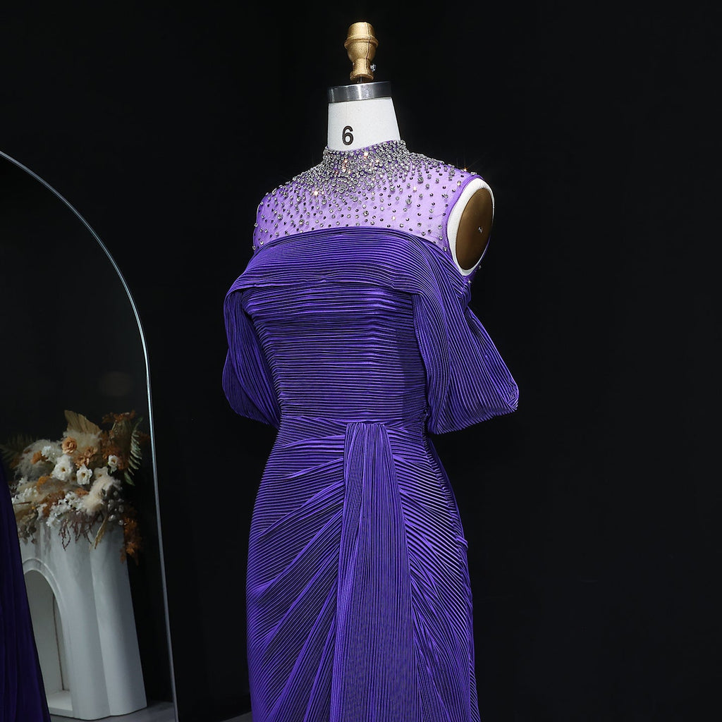 Luxury Purple Off-Shoulder Crystal Pleated Evening Dress with Overskirt SF407