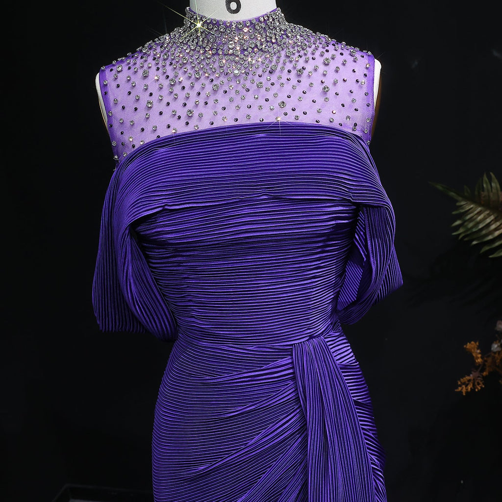 Luxury Purple Off-Shoulder Crystal Pleated Evening Dress with Overskirt SF407