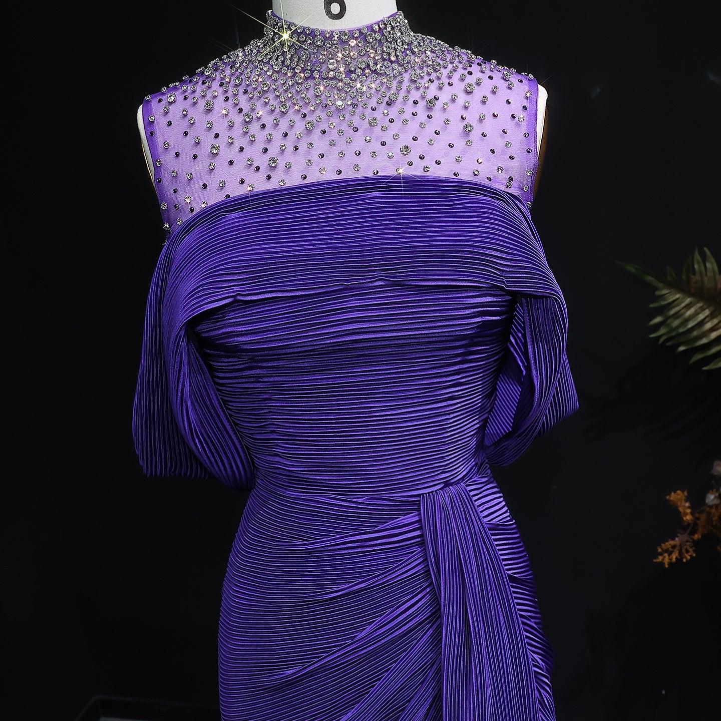 Luxury Purple Off-Shoulder Crystal Pleated Evening Dress with Overskirt SF407