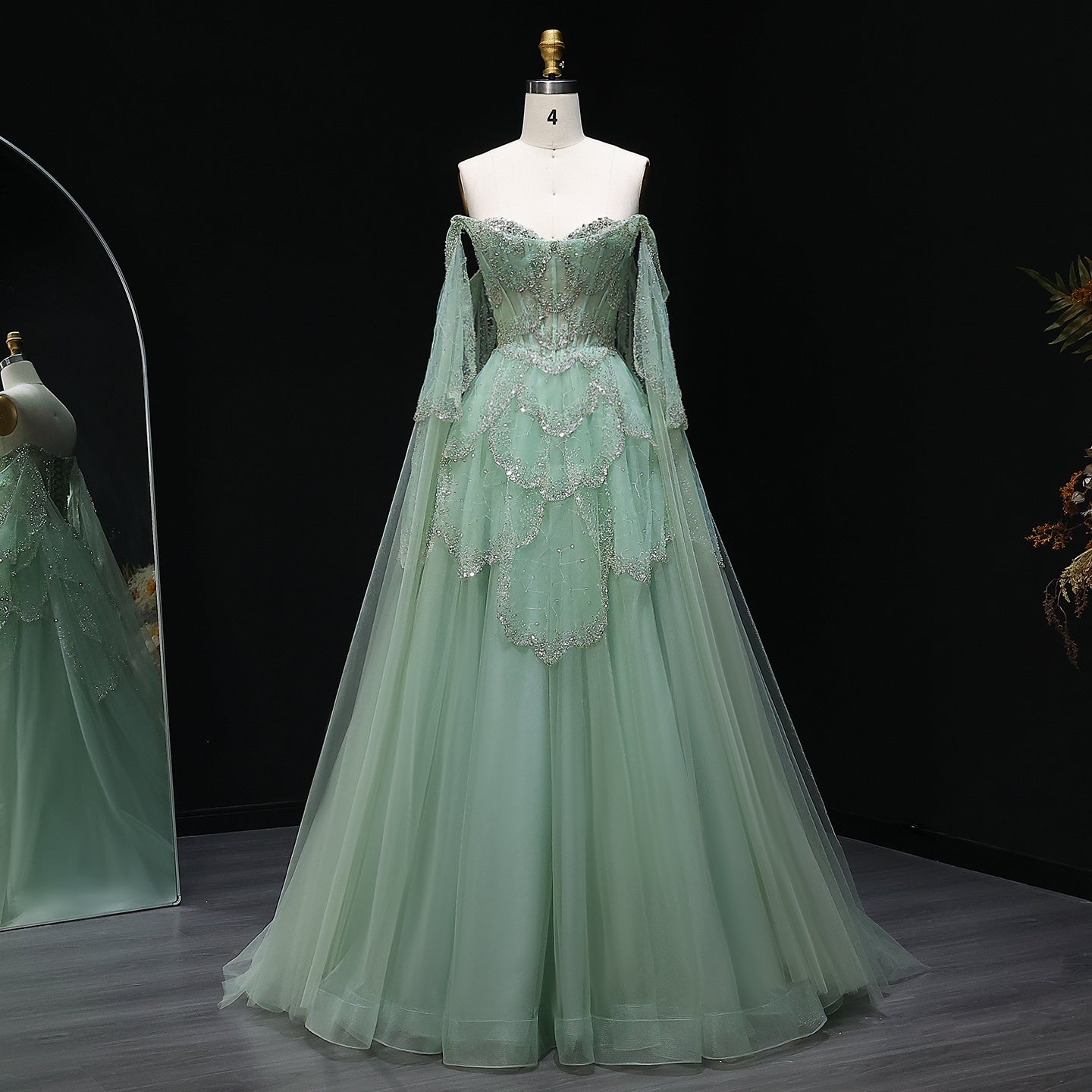 Gorgeous Beaded Sage Green Evening Dress with Cape Sleeves SS215
