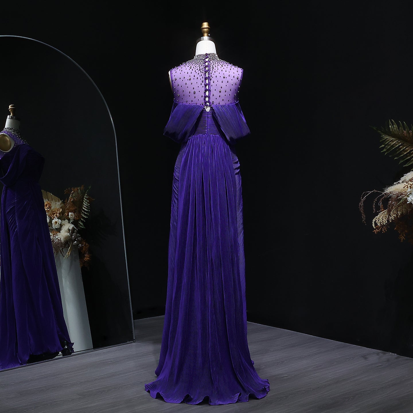 Luxury Purple Off-Shoulder Crystal Pleated Evening Dress with Overskirt SF407
