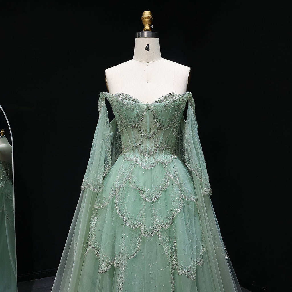 Gorgeous Beaded Sage Green Evening Dress with Cape Sleeves SS215