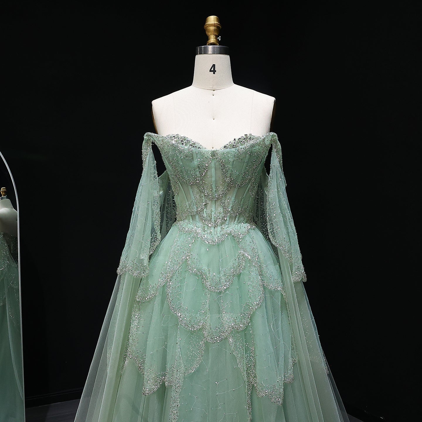 Gorgeous Beaded Sage Green Evening Dress with Cape Sleeves SS215