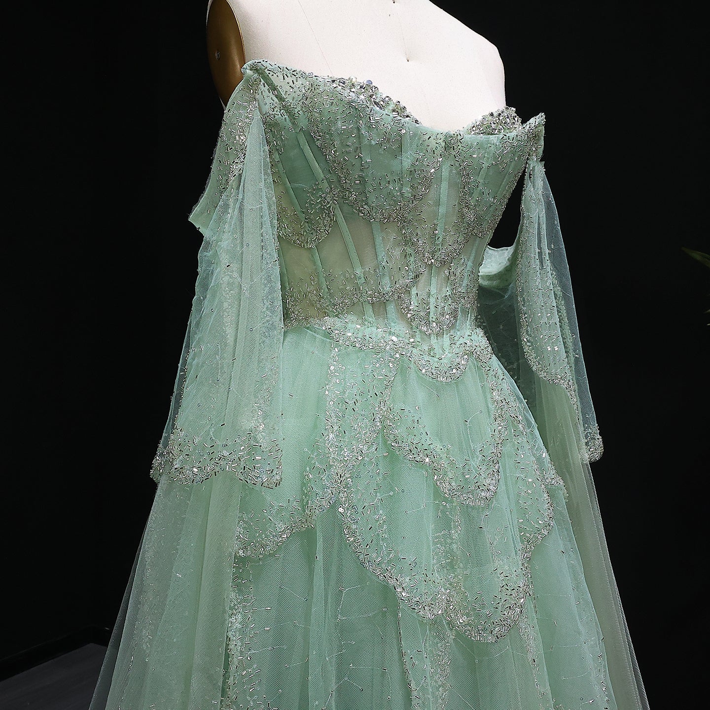 Gorgeous Beaded Sage Green Evening Dress with Cape Sleeves SS215