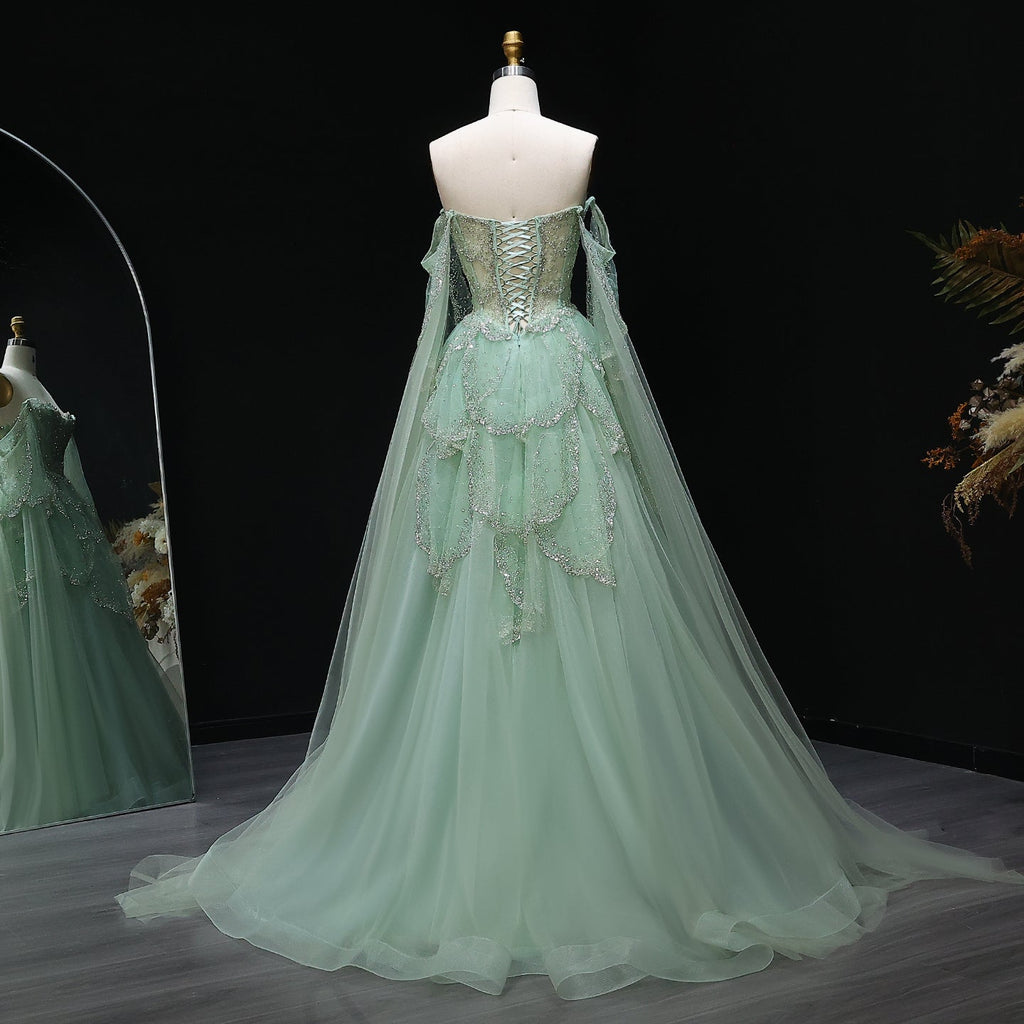 Gorgeous Beaded Sage Green Evening Dress with Cape Sleeves SS215