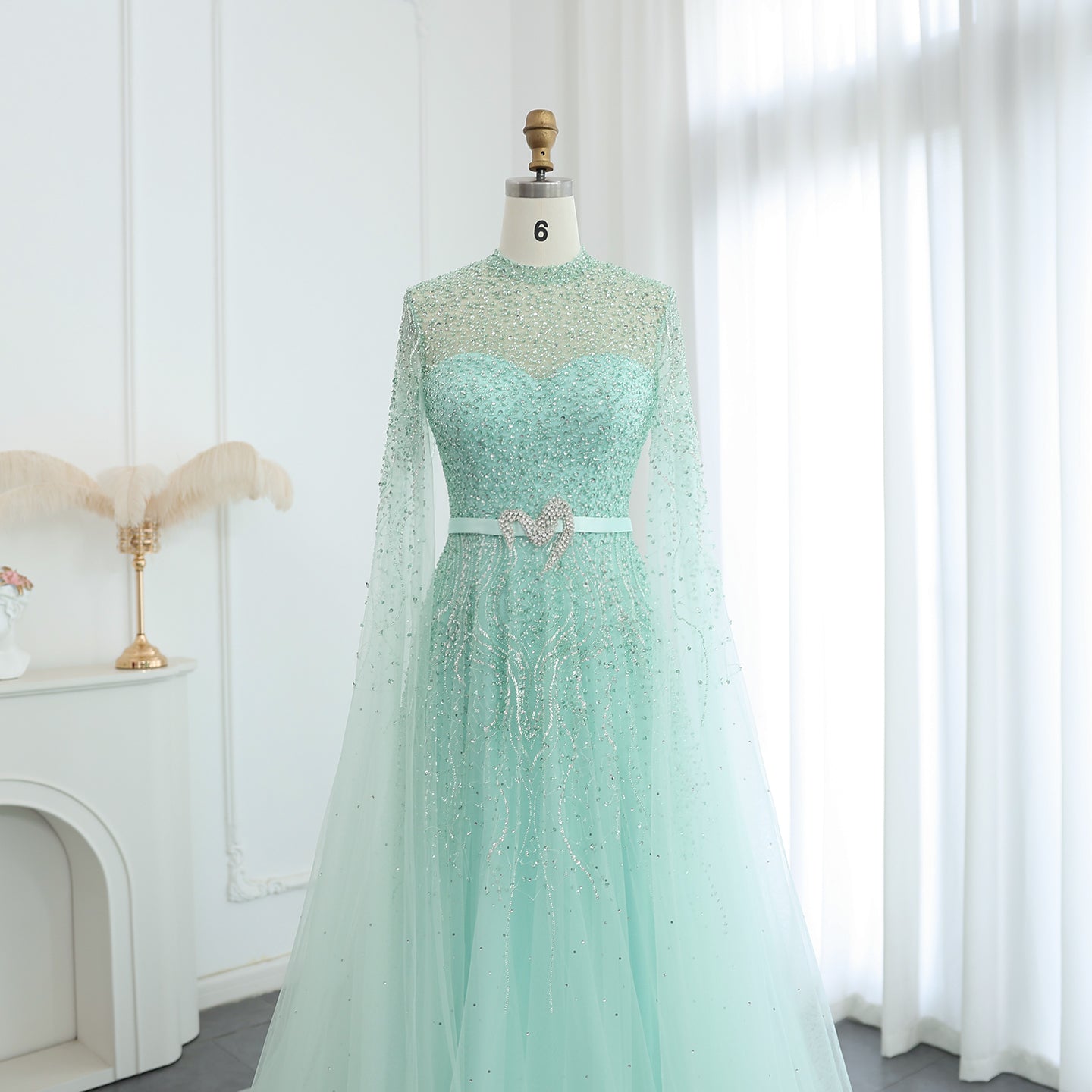 Luxury Blue A-Line Evening Dress with Cape Sleeves SS451