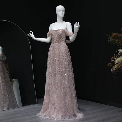 Luxury Beaded Champagne Off-Shoulder Evening Dress SS676