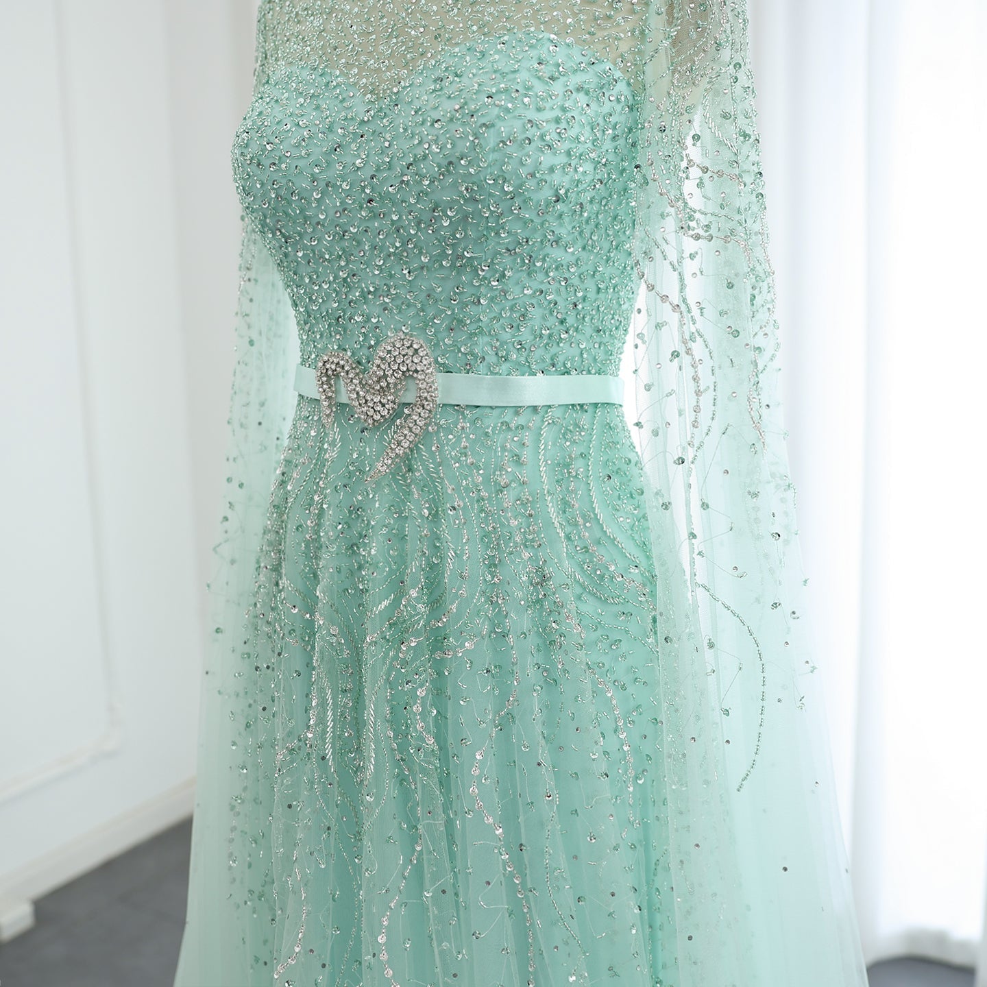 Luxury Blue A-Line Evening Dress with Cape Sleeves SS451