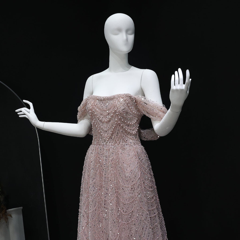 Luxury Beaded Champagne Off-Shoulder Evening Dress SS676