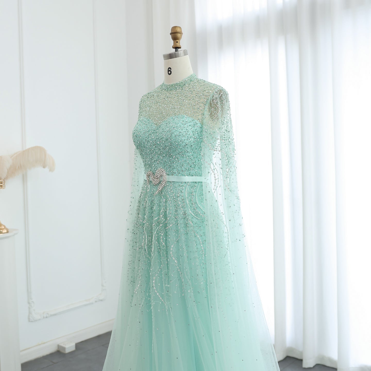 Luxury Blue A-Line Evening Dress with Cape Sleeves SS451