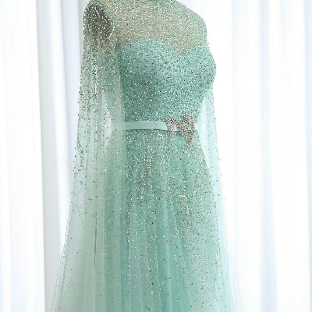 Luxury Blue A-Line Evening Dress with Cape Sleeves SS451