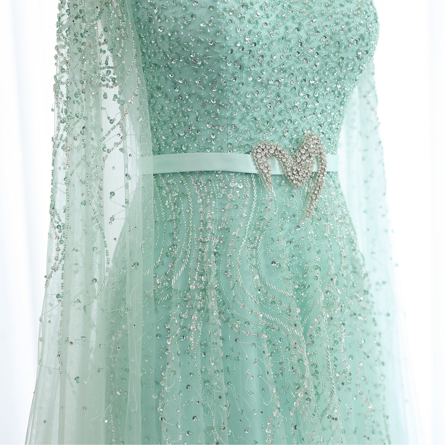 Luxury Blue A-Line Evening Dress with Cape Sleeves SS451