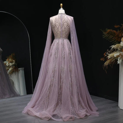 Luxury Pink Evening Dress with Cape Sleeves SS050