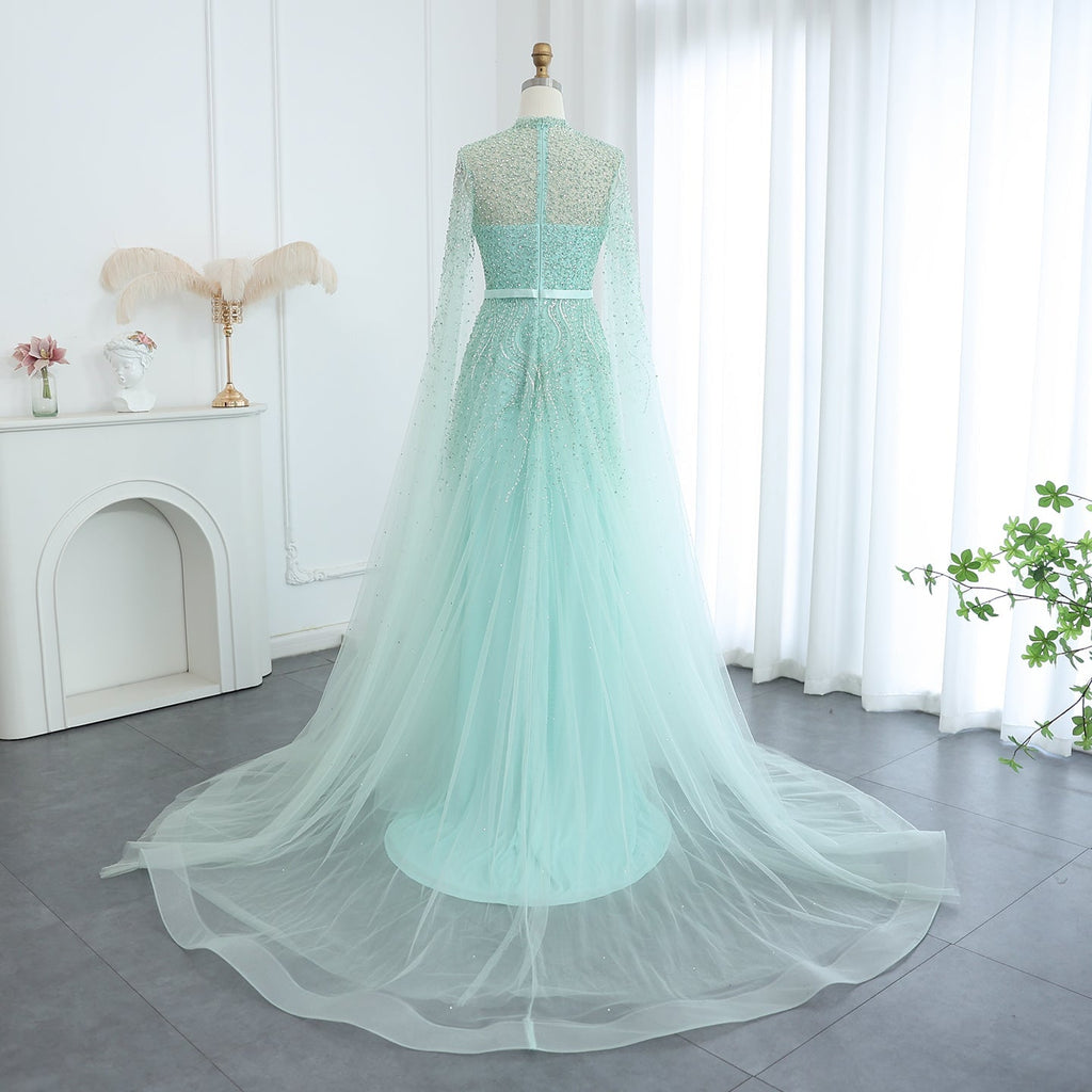 Luxury Blue A-Line Evening Dress with Cape Sleeves SS451