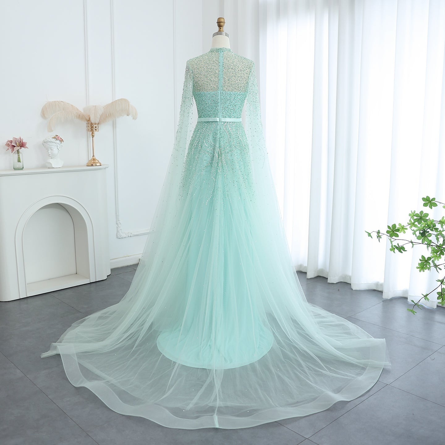 Luxury Blue A-Line Evening Dress with Cape Sleeves SS451