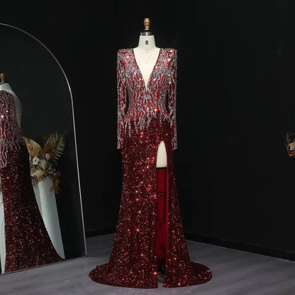 Luxury Black V-Neck Long Sleeves Side Slit Evening Dress SS250