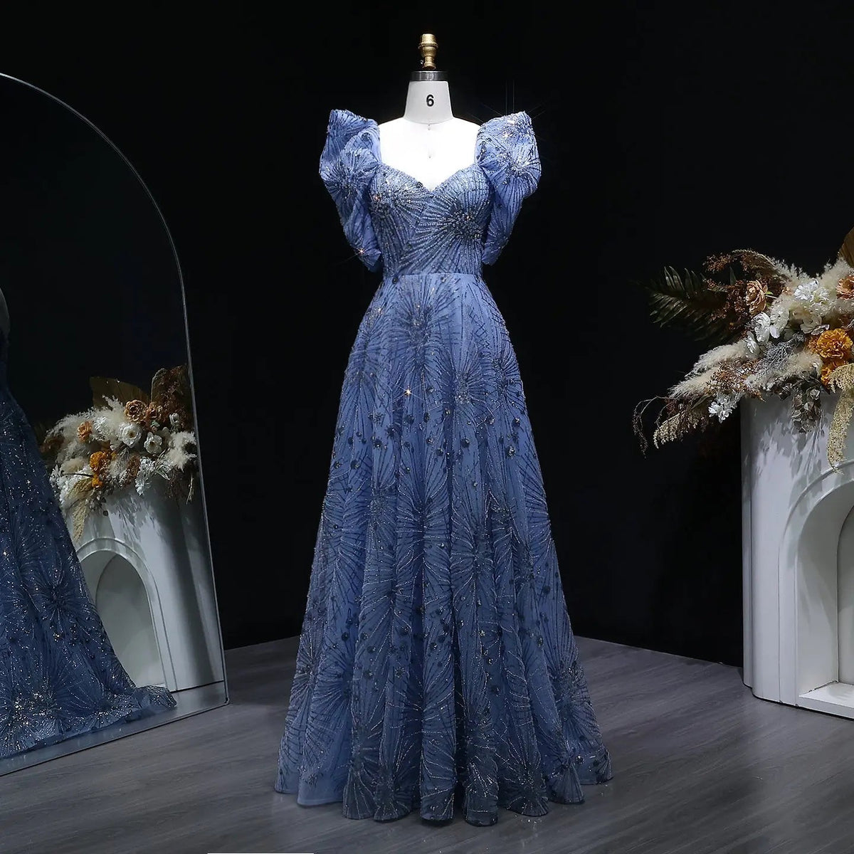 Glamorous Blue Puff Sleeve Sweetheart Neck Beaded Evening Dress SS080