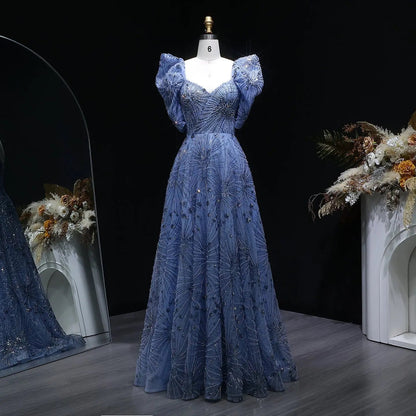 Glamorous Blue Puff Sleeve Sweetheart Neck Beaded Evening Dress SS080