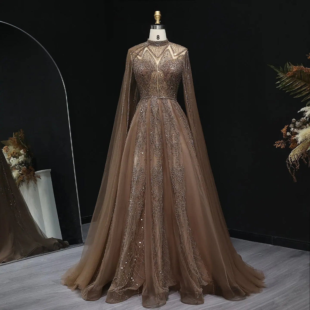 Luxury Pink Evening Dress with Cape Sleeves SS050