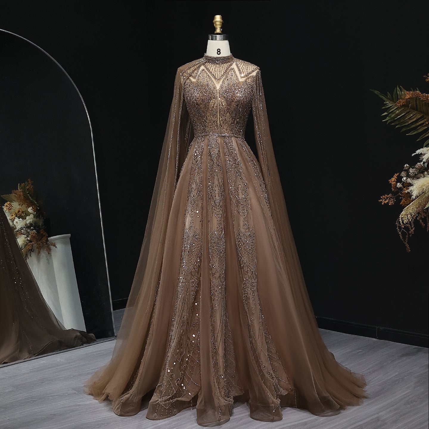 Luxury Pink Evening Dress with Cape Sleeves SS050
