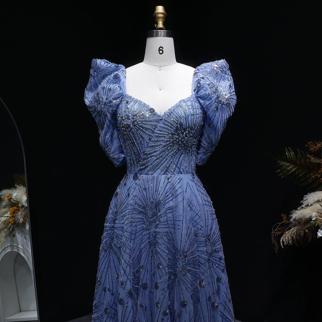 Glamorous Blue Crystal Beaded Evening Dress with Puff Sleeves SS080