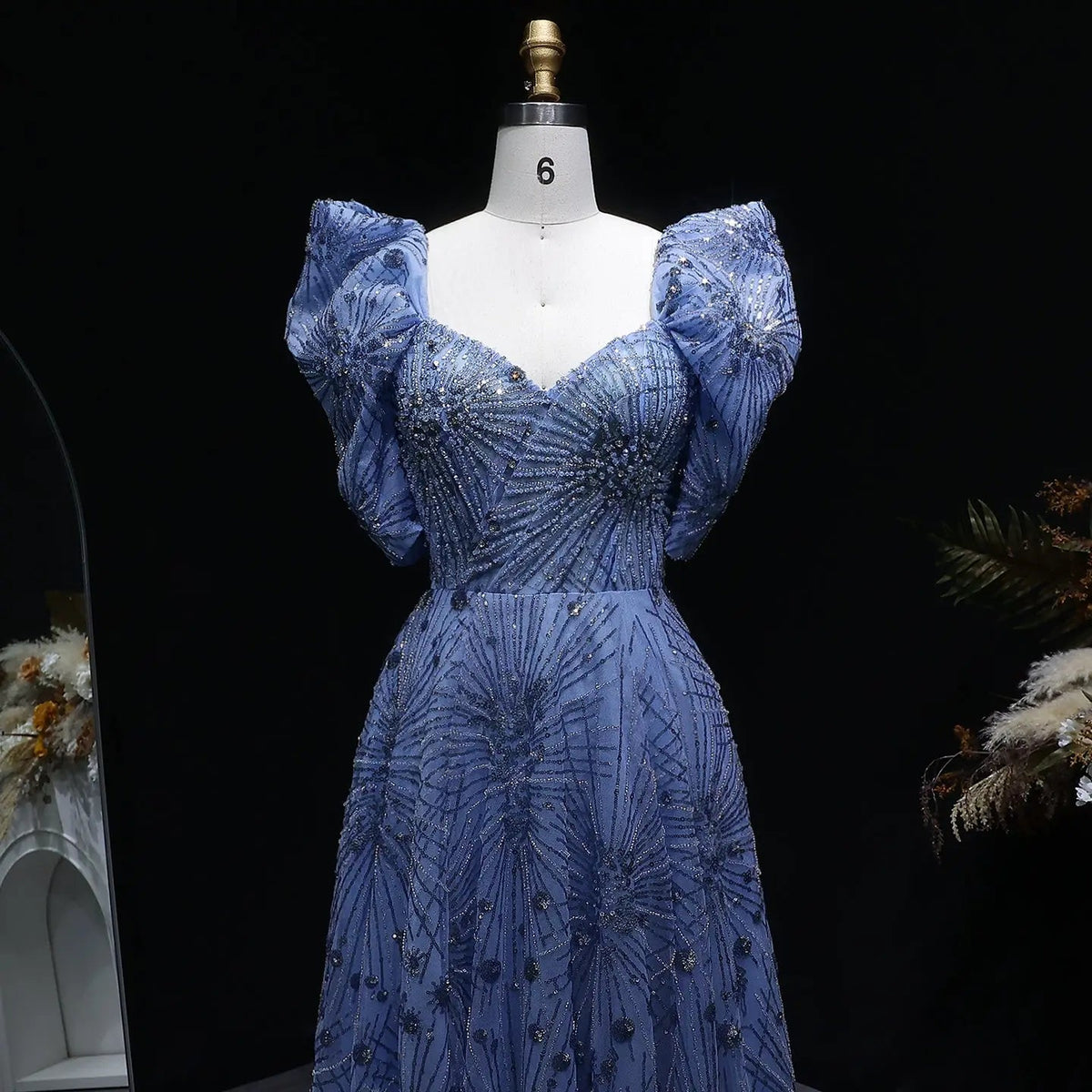 Glamorous Blue Puff Sleeve Sweetheart Neck Beaded Evening Dress SS080