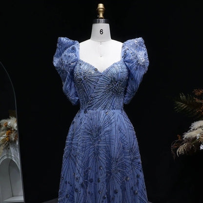Glamorous Blue Puff Sleeve Sweetheart Neck Beaded Evening Dress SS080