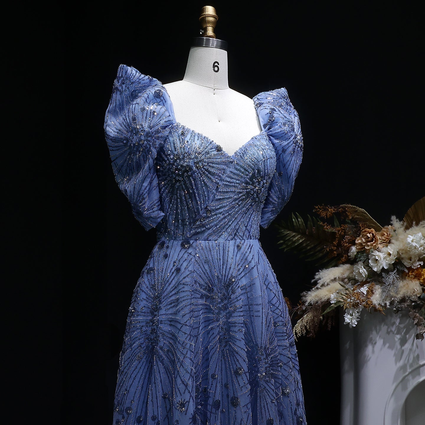 Glamorous Blue Crystal Beaded Evening Dress with Puff Sleeves SS080