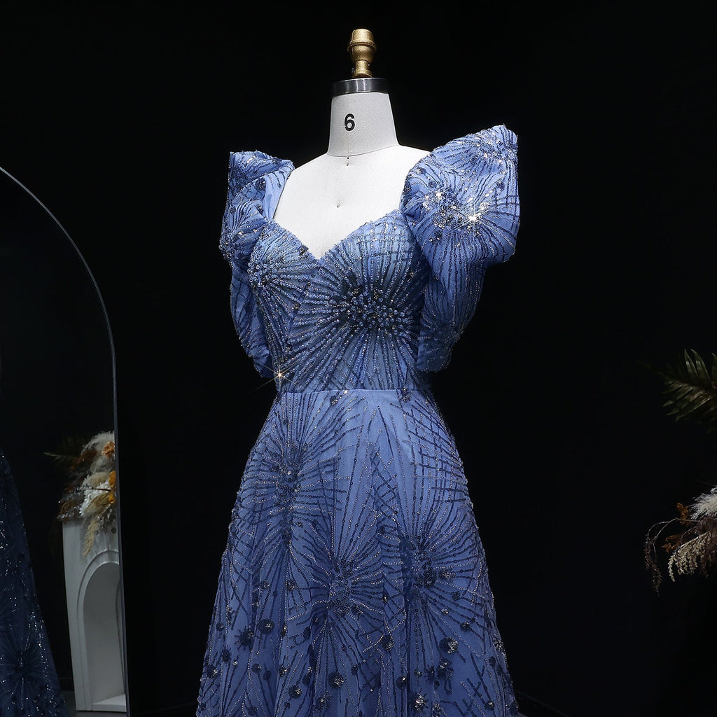 Glamorous Blue Crystal Beaded Evening Dress with Puff Sleeves SS080