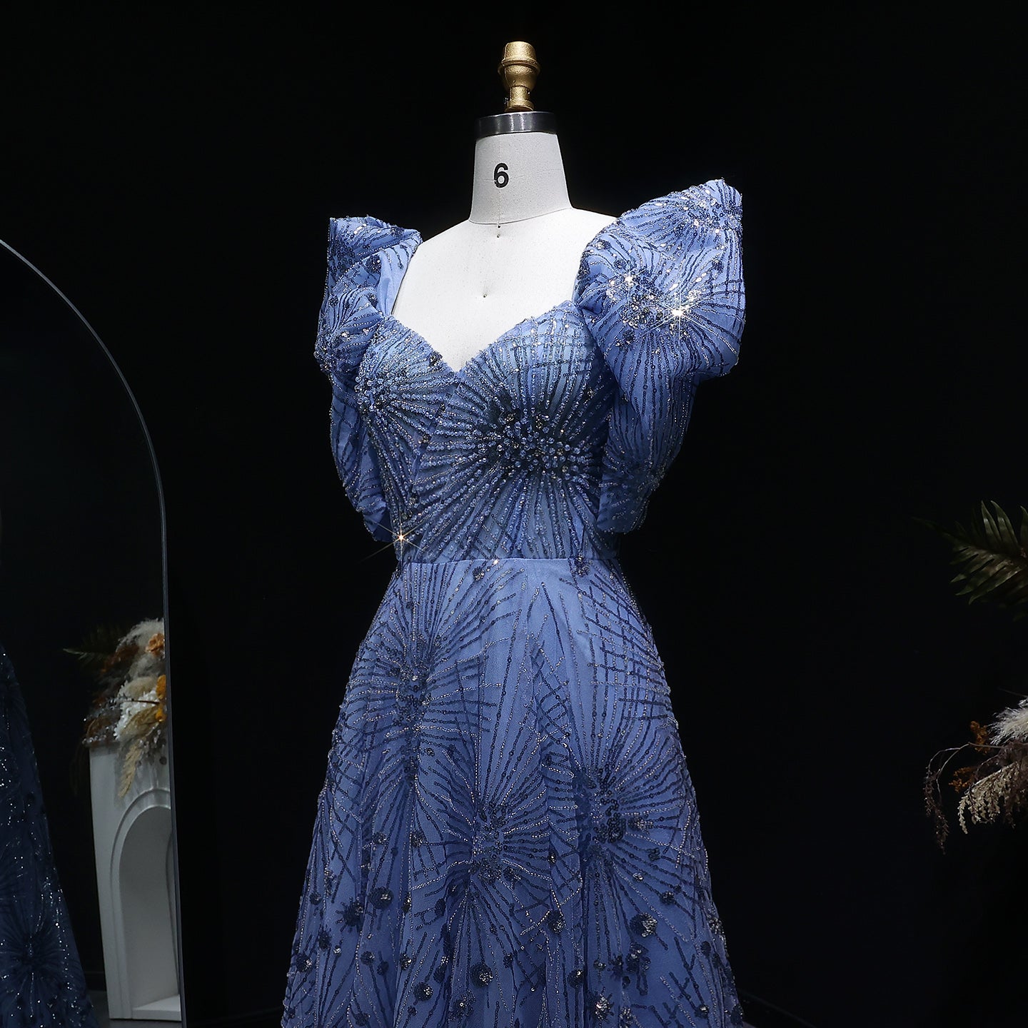 Glamorous Blue Crystal Beaded Evening Dress with Puff Sleeves SS080