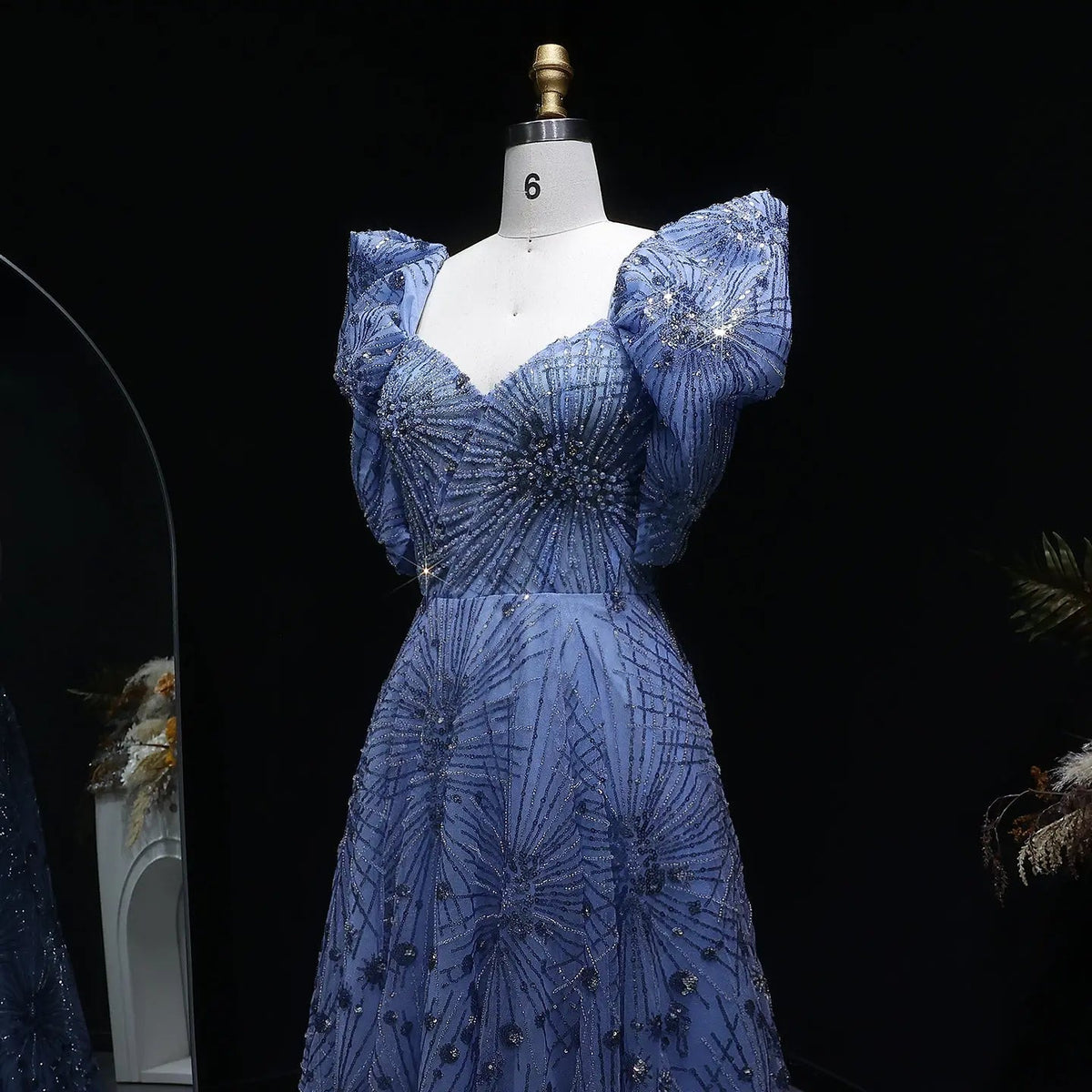 Glamorous Blue Puff Sleeve Sweetheart Neck Beaded Evening Dress SS080