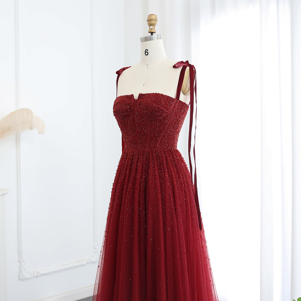 Luxury Beaded Wine Red Evening Dresses with Straps SS263