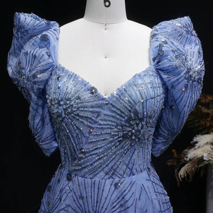 Glamorous Blue Puff Sleeve Sweetheart Neck Beaded Evening Dress SS080