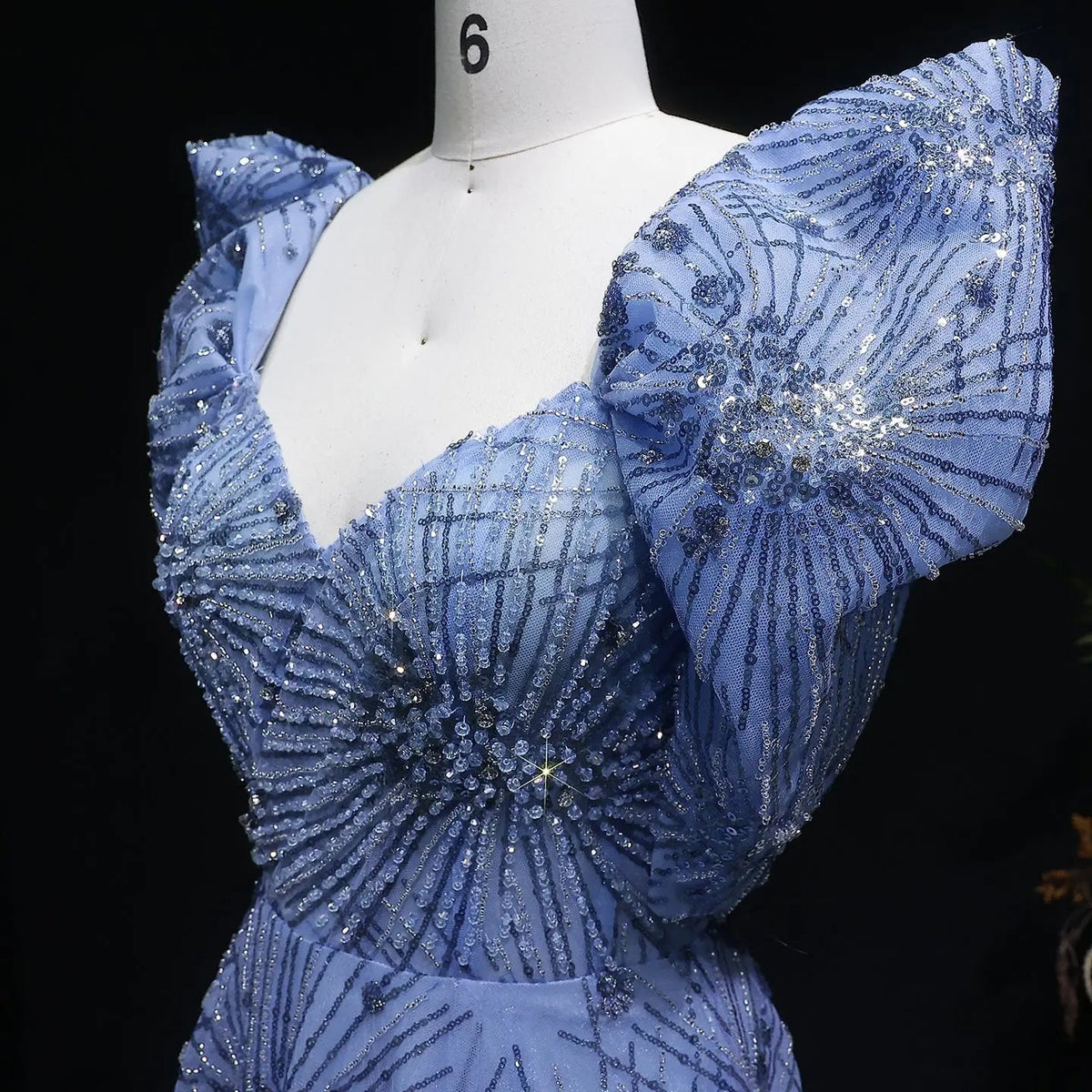 Glamorous Blue Puff Sleeve Sweetheart Neck Beaded Evening Dress SS080