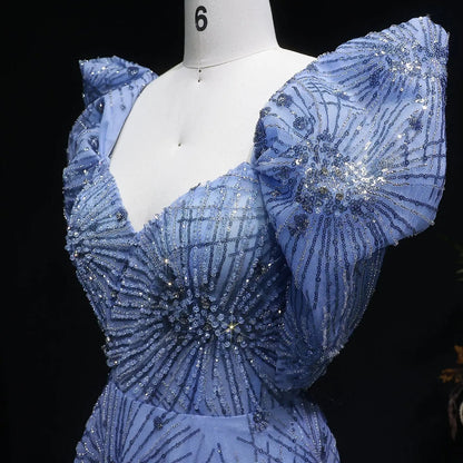 Glamorous Blue Puff Sleeve Sweetheart Neck Beaded Evening Dress SS080