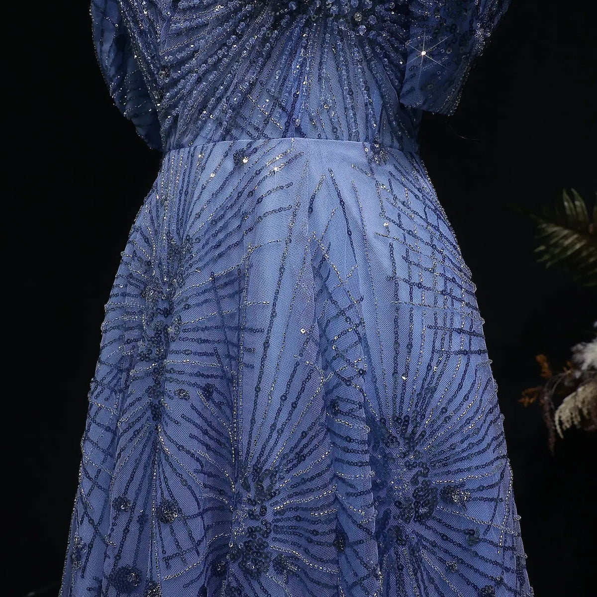 Glamorous Blue Puff Sleeve Sweetheart Neck Beaded Evening Dress SS080