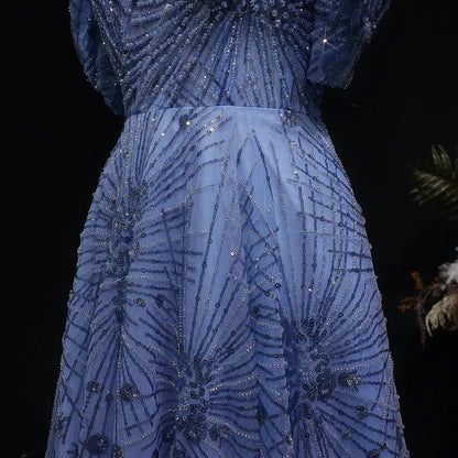 Glamorous Blue Puff Sleeve Sweetheart Neck Beaded Evening Dress SS080
