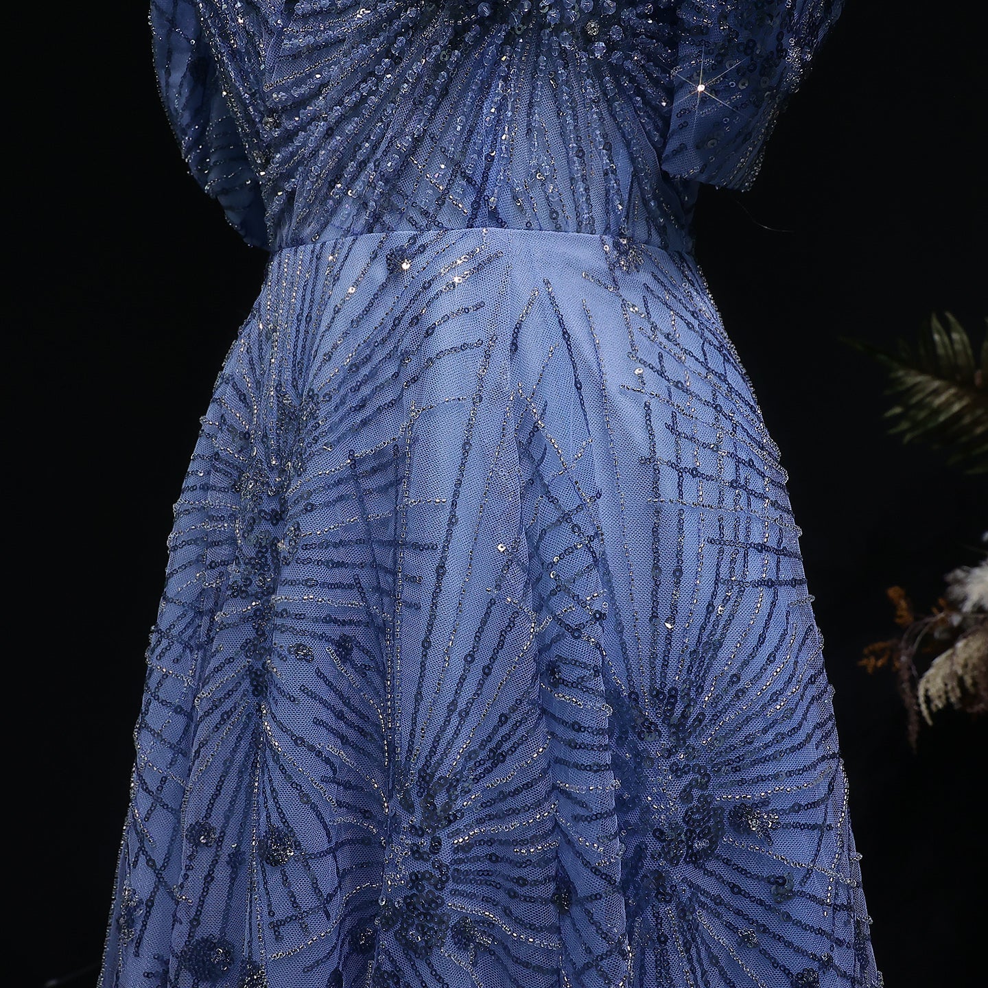 Glamorous Blue Crystal Beaded Evening Dress with Puff Sleeves SS080