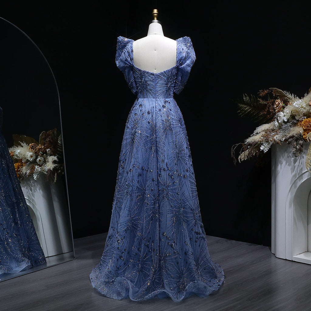 Glamorous Blue Crystal Beaded Evening Dress with Puff Sleeves SS080