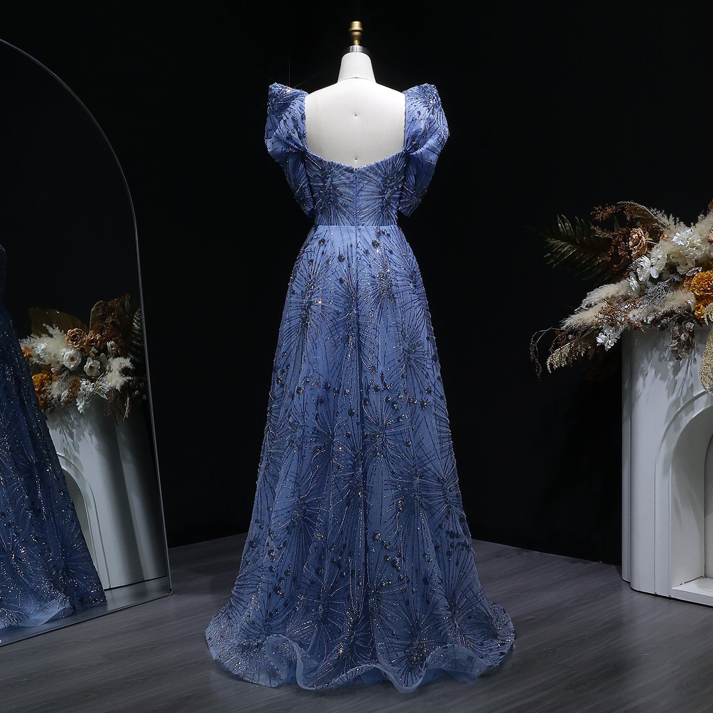 Glamorous Blue Crystal Beaded Evening Dress with Puff Sleeves SS080
