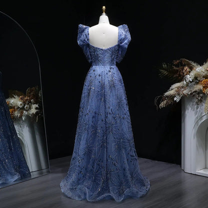 Glamorous Blue Puff Sleeve Sweetheart Neck Beaded Evening Dress SS080