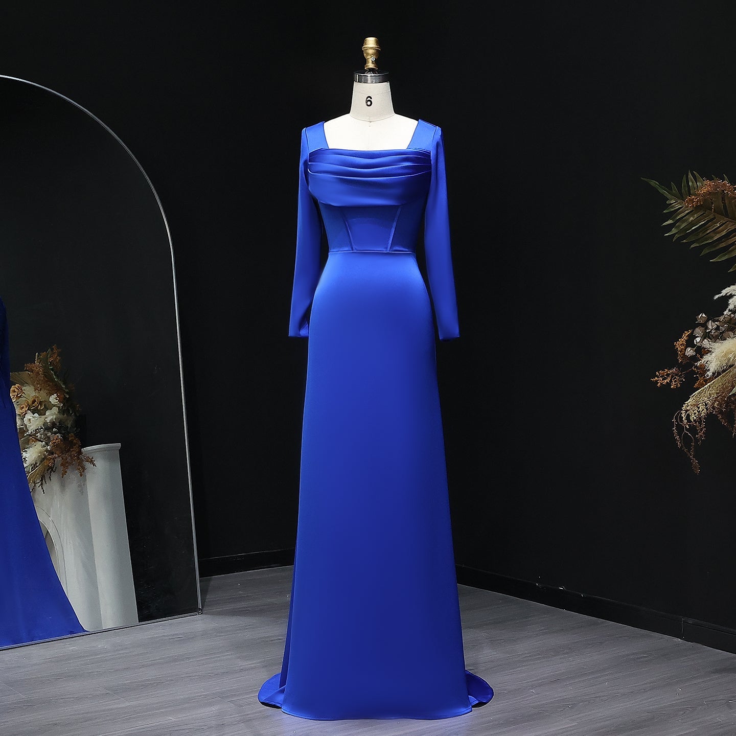 Elegant Royal Blue Square Neck Long Sleeve Evening Dress SF564