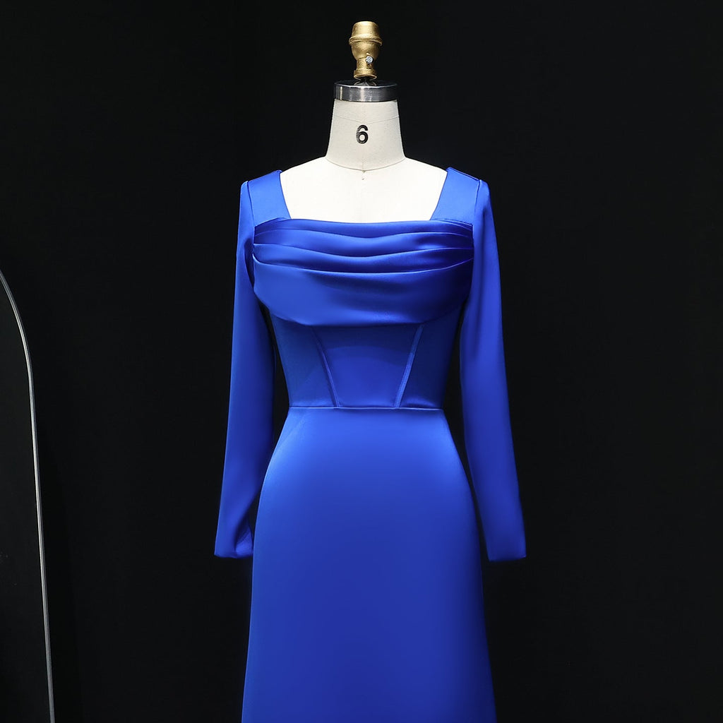 Elegant Royal Blue Square Neck Long Sleeve Evening Dress SF564