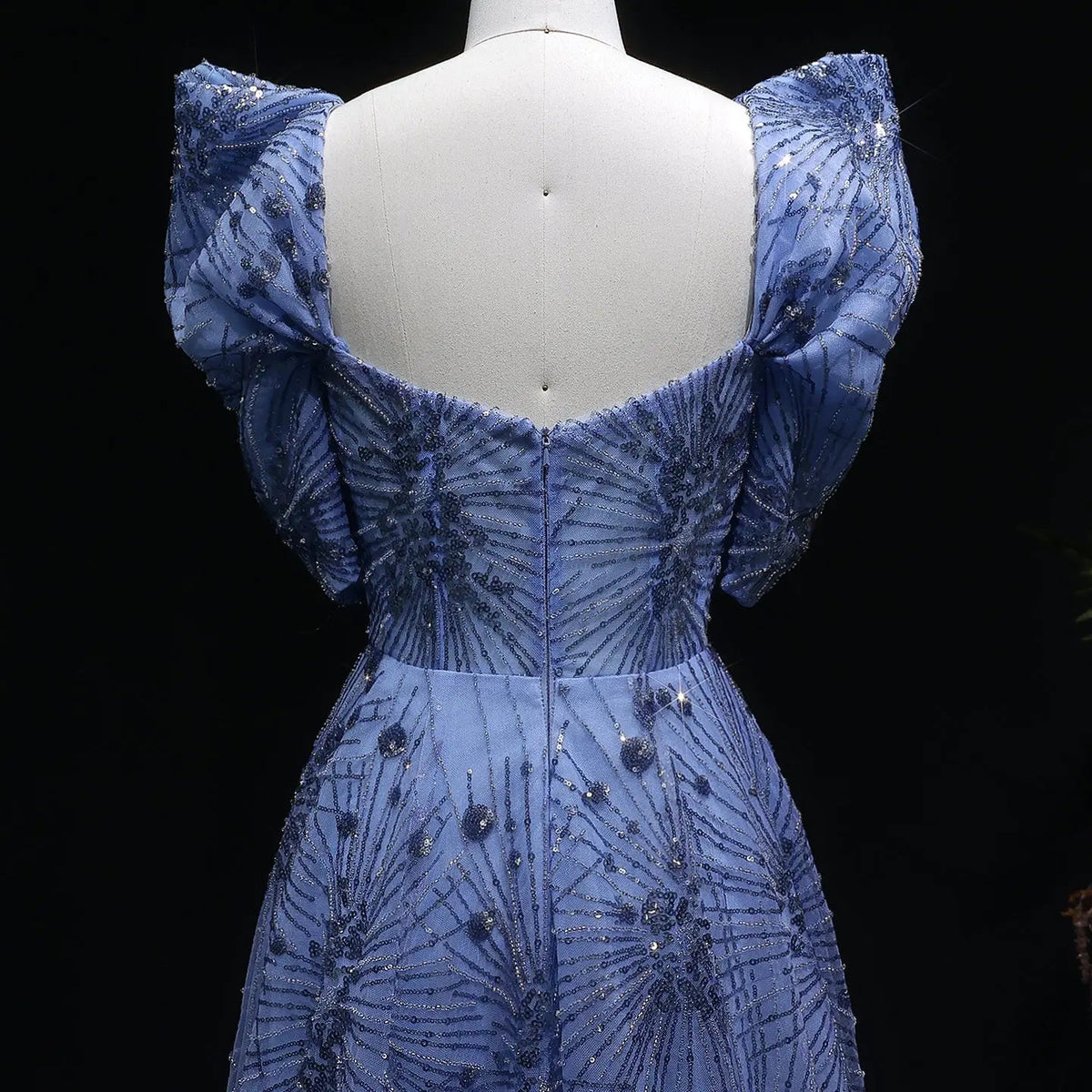 Glamorous Blue Puff Sleeve Sweetheart Neck Beaded Evening Dress SS080