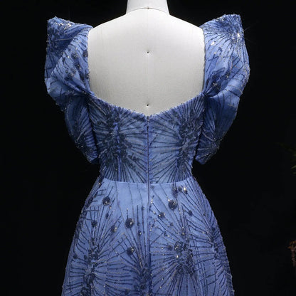 Glamorous Blue Puff Sleeve Sweetheart Neck Beaded Evening Dress SS080
