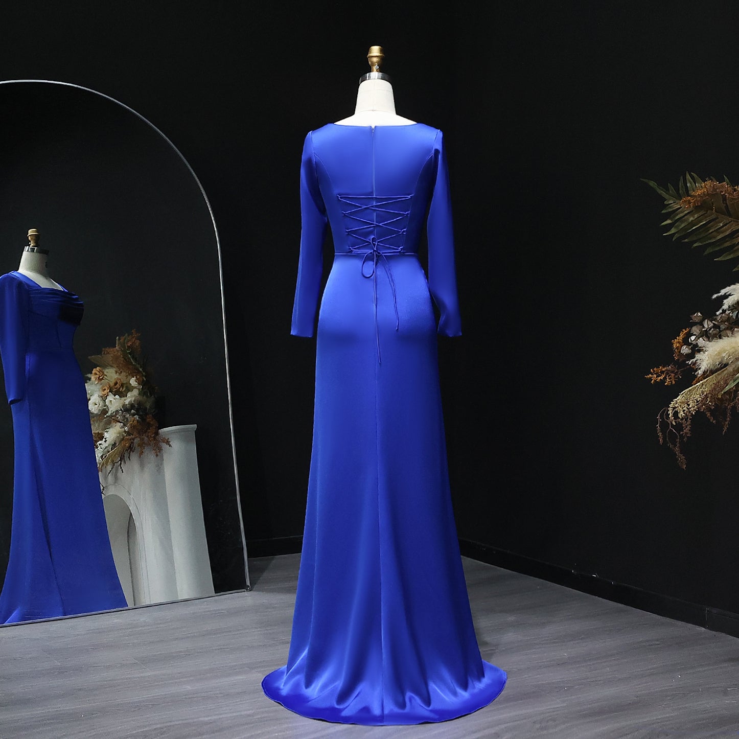 Elegant Royal Blue Square Neck Long Sleeve Evening Dress SF564