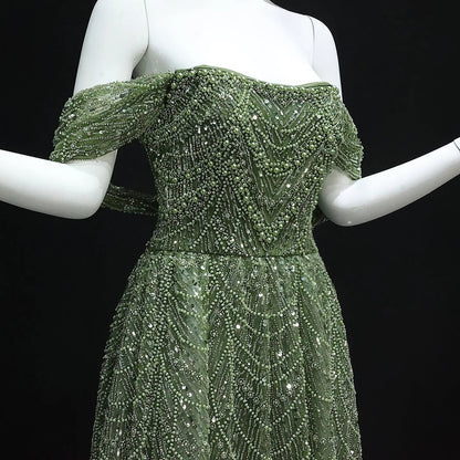 Luxury Beaded Champagne Off-Shoulder Evening Dress SS676
