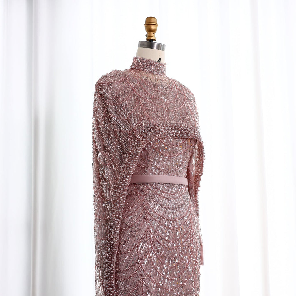 Luxury Long Sleeves Nude Evening Dress with Cape SS369A